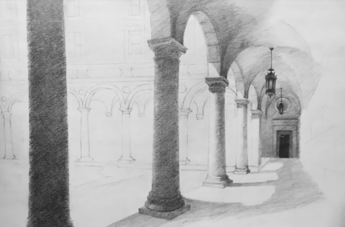 Pencil drawing of the interior of a building with columns leading down a hallway.